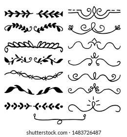 Hand drawn vector borders, dividers. Lines, swirl, arrows, leaf and laurels set. Doodle design elements. isolated on white background