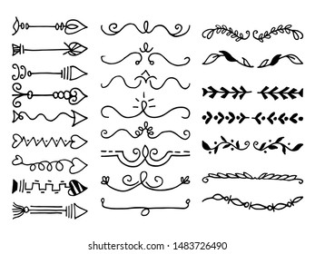 Hand drawn vector borders, dividers. Lines, swirl, arrows, leaf and laurels set. Doodle design elements. isolated on white background