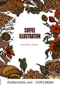 Hand drawn vector botanic set with branch, flowers, cones, bag, sunflowers.