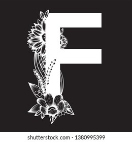 Hand drawn vector of Botanical capital letter with black and white flowers bouquet ,collection for wedding invites card, logo and other ideas.
