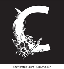 Hand drawn vector of Botanical capital letter with black and white flowers bouquet ,collection for wedding invites card, logo and other ideas.