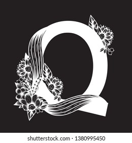 Hand drawn vector of Botanical capital letter with black and white flowers bouquet ,collection for wedding invites card, logo and other ideas.