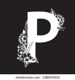 Hand drawn vector of Botanical capital letter with black and white flowers bouquet ,collection for wedding invites card, logo and other ideas.