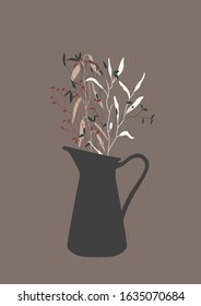 Hand drawn vector botanical illustration. Botany poster. Abstract bouquet in vase. Vintage style. Design floral elements. Vector illustration. Template for card, poster, flyer, home decor