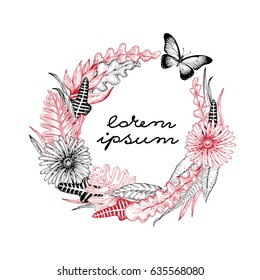 Hand drawn vector botany illustration. Vintage background with exotic plants, card template.