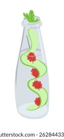 Hand drawn vector of a bottle filled with cucumber, raspberry and mint leaves. Concept of detox drink, freshness and healthy lifestyle with natural ingredients