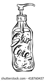 Hand drawn vector bottle illustration and Skin Care written on it.Herbal bath.Natural cosmetics.Luxury Bubble Bath, bath oil and Body Lotion,Soak.