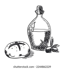 Hand drawn vector bottle of olive oil and a baked bread