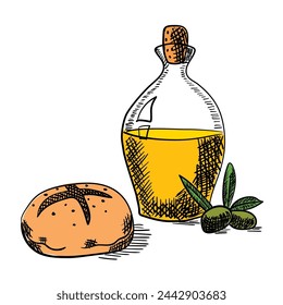 Hand drawn vector bottle of olive oil and a baked bread