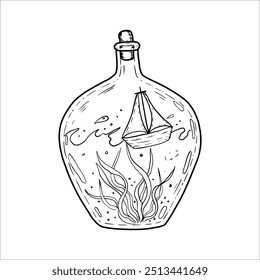 Hand drawn vector bottle with water and a ship inside