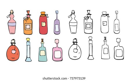 Hand drawn vector bottles and jars collection. Cute bottles  line and color collection in doodle style.  Isolated on white background.
