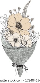 Ramo de flores dibujado a mano sobre fondo texturado para uso impreso y web