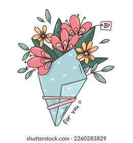 hand drawn vector bouquet with flowers, bright cute vector illustration for cards, coloring book or your design