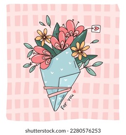 ramo vectorial de mano con flores y sobre, ilustración vectorial lindo brillante para tarjetas, libro de colores o tu diseño