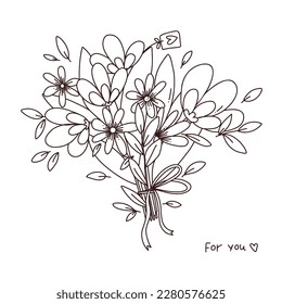 hand drawn vector bouquet with flowers and, outline cute vector illustration for cards, coloring book or your design