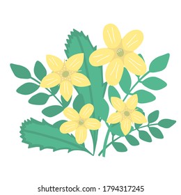 Hand drawn vector bouquet of yellow flowers and leaves. Isolated composition on a white background. Flowers vector herbarium for postcards or invitations.
