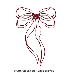 Hand drawn vector bow. Minimalist red outline linear trendy sketch style. illustration for fashion, packaging, digital prints, invitation, scrapbooking, logo