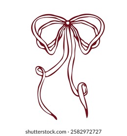 Hand drawn vector bow. Minimalist red outline linear trendy sketch style. illustration for fashion, packaging, digital prints, invitation, scrapbooking, logo