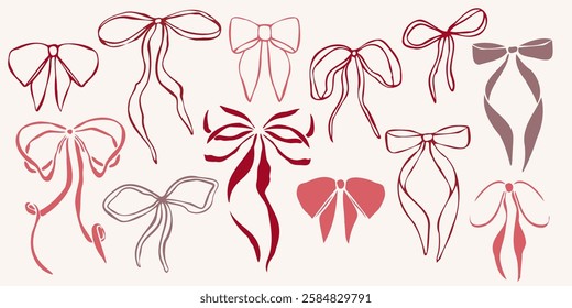 Hand drawn vector bows set with various shapes and ribbon styles. Minimalist red linear trendy sketch style illustration for fashion design, packaging, digital prints, invitation, scrapbooking, logo