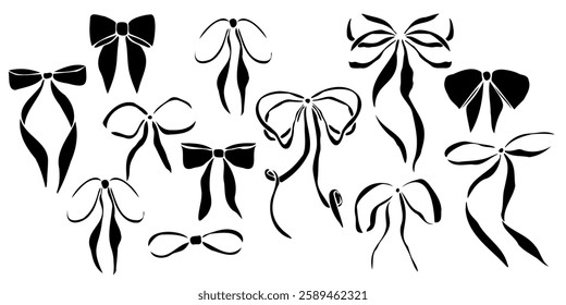 Hand drawn vector bows set with various shapes and ribbon styles. Minimalist black linear trendy sketch style illustration for fashion design, packaging, digital prints, invitation, scrapbooking, logo