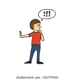 Hand drawn vector boy making gesture of disagreement and a comic bubble with exclamation marks in it. Human emotion, anger, conflict, protest.
