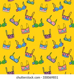 Hand drawn vector bra collection, cute seamless pattern with female lingerie with lace, long line, dots, bows.
