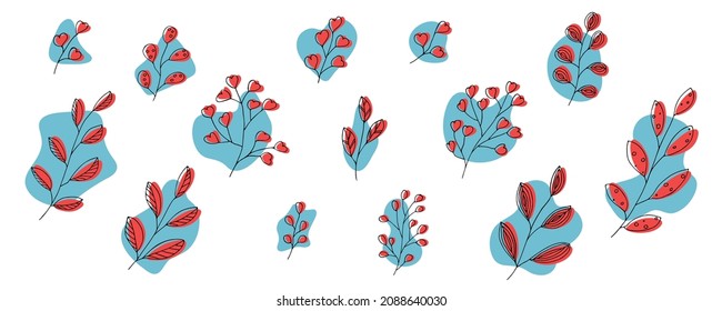 Hand drawn vector branch. Colorful set of herb doodle isolated on white background. Botanical illustration for card, print, web, design, decor, logo.