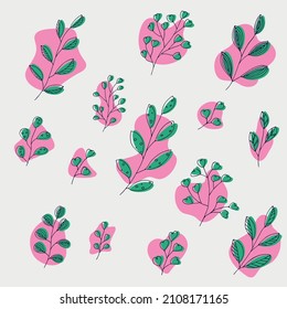 Hand drawn vector branch. Colorful set of herb doodle isolated on white background. Botanical illustration for card, print, web, design, decor, logo.