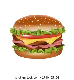 Hand drawn vector bread burger illustration with meatloaf tomato vegetarian dish, white background, delicious food for lunch and dinner, fast food,