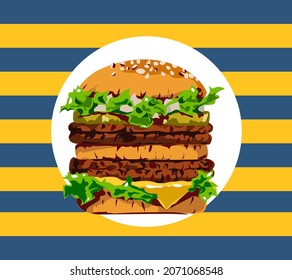 Hand drawn vector bread burger illustration with meatloaf tomato vegetarian dish, white background, delicious food for lunch and dinner, fast food. Stripes pattern