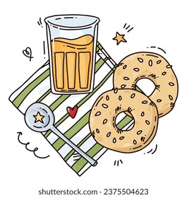 ilustración de desayuno vector dibujada a mano. Dibujo de caricatura con vaso de jugo y bollos, comida sabrosa. Cafetería o menú de comida casera para el tradicional desayuno