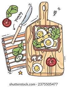 ilustración de desayuno vector dibujada a mano. Dibujo artístico con sándwich y verduras sanas, comida sabrosa. Cafetería o menú de comida casera para el tradicional desayuno