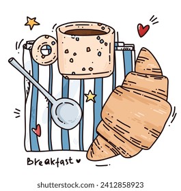 hand drawn vector breakfast illustration. Cartoon art with cup of tea and croissant, tasty meal. Cafe or home food menu for traditional morning breakfasting drawing