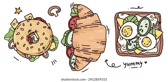 ilustración de desayuno vector dibujada a mano. Arte de caricaturas con sándwiches de salud. Cafetería o menú de comida casera para el tradicional desayuno