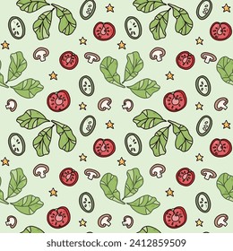 hand drawn vector breakfast seamless pattern. Cartoon art with health vegetables. Cafe or home food menu for traditional morning breakfasting drawing