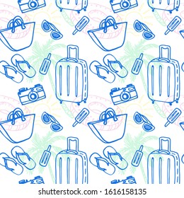 Hand drawn vector. Bright seamless pattern with simple icons on the theme of summer holidays and travel. In the style of Doodle and sketch. For textiles, backgrounds and decor.