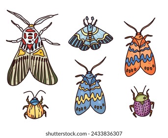 hand drawn vector bright set of butterfly and bugs. Cartoon art with hand drawn insect.