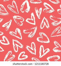 Hand drawn vector brush drawing seamless pattern with hearts. Textured colorful background for Valentines day, invitation, wallpaper, greeting cards.