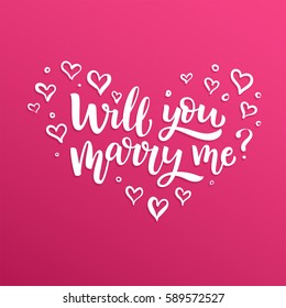 Hand drawn vector brush lettering Will You Marry Me? Isolated quote on pink gradient background.