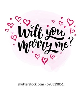 Hand drawn vector brush lettering Will You Marry Me? Isolated black ink quote on white  background with pink hearts
