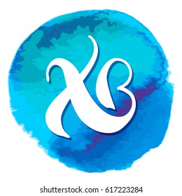 Hand drawn vector brush lettering in Russian language abbreviation 'Christ is risen'. Watercolor trace background. Handwritten modern calligraphy. Inscription for postcards, posters, greeting cards.