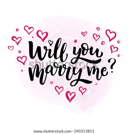 Hand drawn vector brush lettering Will You Marry Me? Isolated black ink quote on white  background with pink hearts