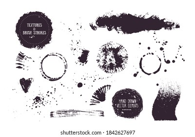 Hand drawn vector brush strokes, grunge textures, ink splatters. Artistic collection of brushstroke, dab of paint, ink smear, abstract grunge texture. Vector clip art isolated on white background.