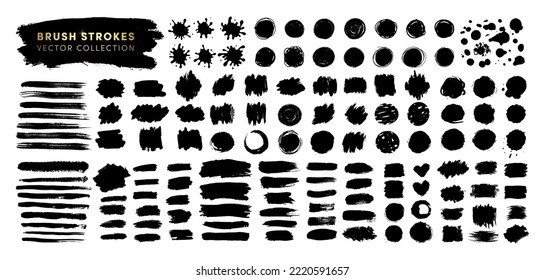 Hand drawn vector brush strokes mega collection. Black ink paint spots backgrounds set. Grunge artistic paint blobs highlights backgrounds. Abstract line, stains shapes, scribble circle design element