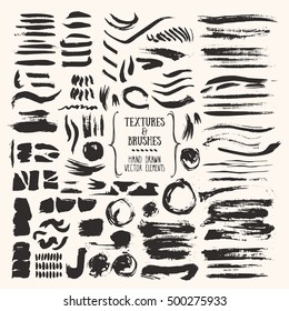 Hand drawn vector brushes, grunge textures made with ink. Artistic collection of design elements: chalk strokes, dabs of paint, smear pattern, abstract splatters. Art brushes are included in EPS.