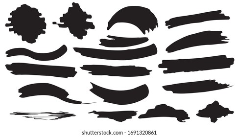 Hand drawn vector brushes and textures. Grunge paint stain brush stroke dabs set. Vector graphic ink art hand drawn elements. Chalk strokes, dabs of paint, patterns, ink splatters.