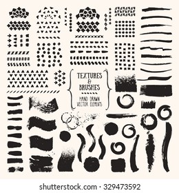 Hand drawn vector brushes and textures. Artistic collection: chalk strokes, dabs of paint, patterns, ink splatters. Art brushes are included in EPS. Isolated design elements.