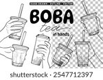 Hand drawn vector bubble tea graphic assets. Black outline of milk tea with tapioca pearls. Banner design for social media. Boba tea held in hands for menu design.