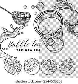 Hand drawn vector bubble tea illustration. Black outline of milk tea with tapioca pearls on white background. Square visual for social media. Cafe and cocktails drawings. Boba tea for menu design.