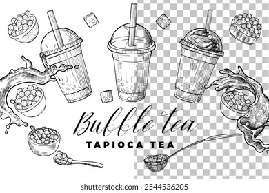 Hand drawn vector bubble tea illustration. Black outline of milk tea with tapioca pearls on white background. Banner design for social media. Cafe and cocktails drawings. Boba tea for menu design.